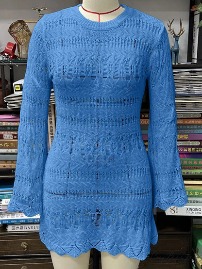 Knitted Hollow Out Sexy Backless Beach Mini Dress Cover-up Blue / S bohodress-250126