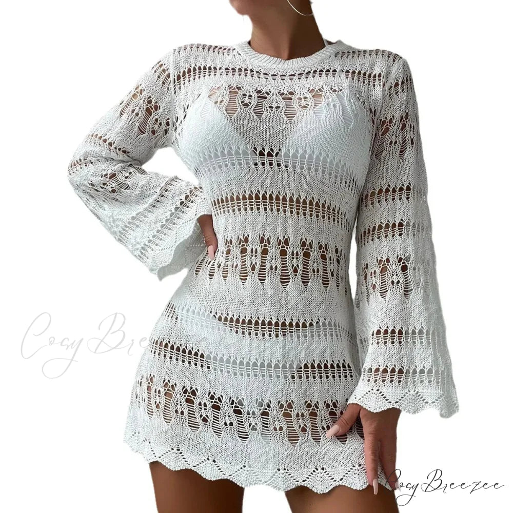 Knitted Hollow Out Sexy Backless Beach Mini Dress Cover-up bohodress-250126