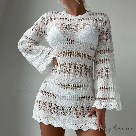 Knitted Hollow Out Sexy Backless Beach Mini Dress Cover-up bohodress-250126