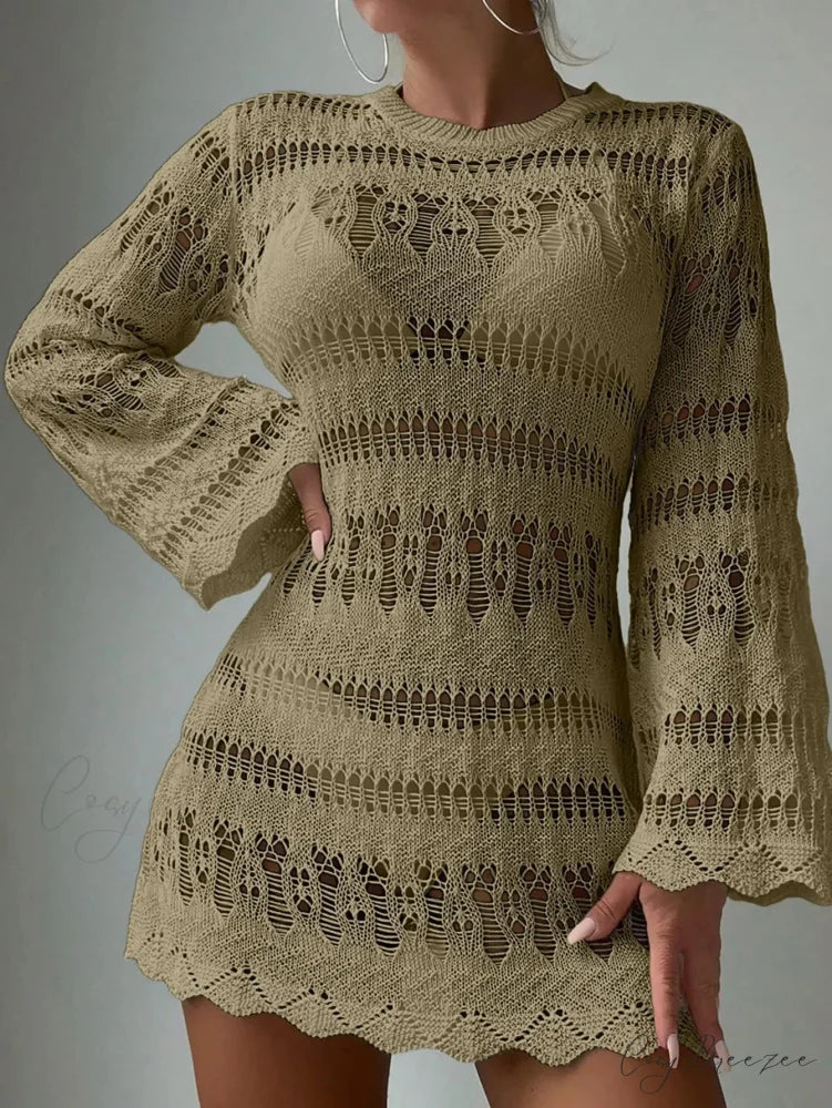 Knitted Hollow Out Sexy Backless Beach Mini Dress Cover-up kahaki / S bohodress-250126