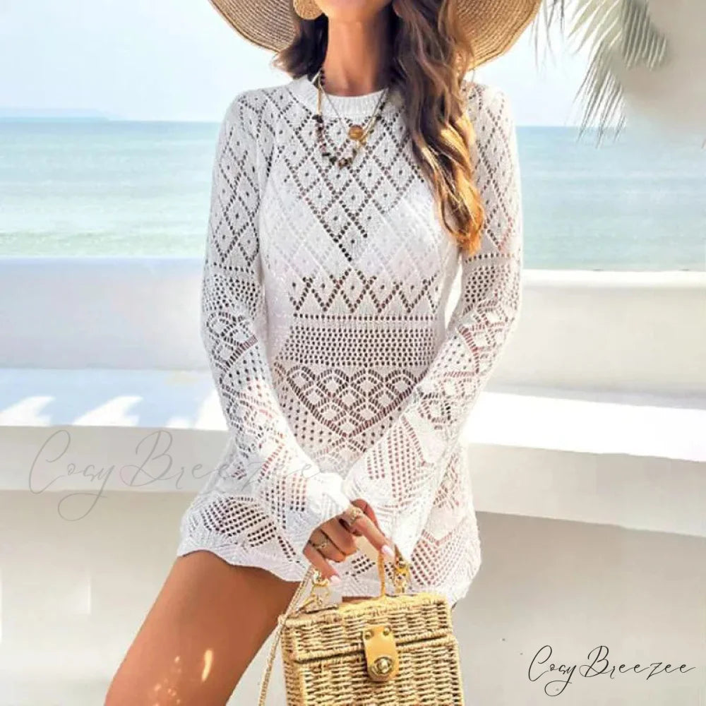 Knitted Hollow Out Sexy Backless Beach Mini Dress Cover-up Square white / S bohodress-250126