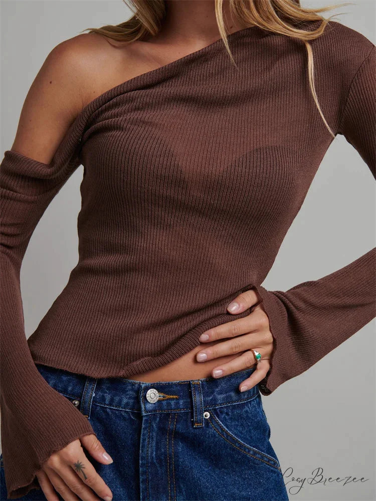 Knitted Long Flare Sleeve Solid Slim Fit T-shirts Off Shoulder T-shirts