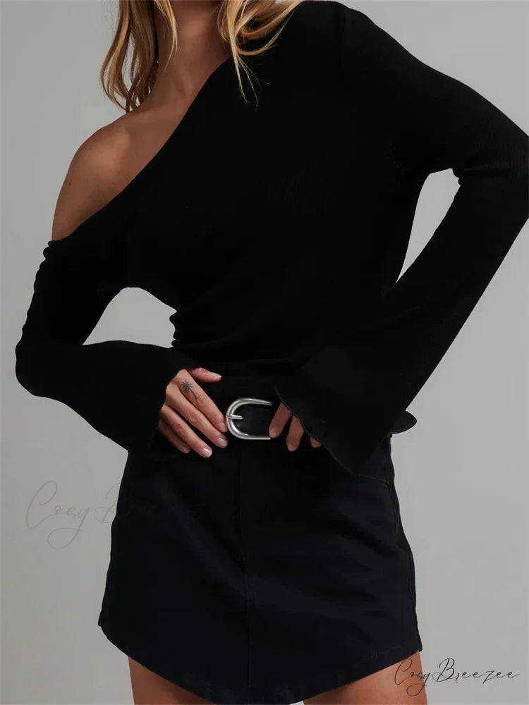 Knitted Long Flare Sleeve Solid Slim Fit T-shirts Off Shoulder T-shirts BLACK / S