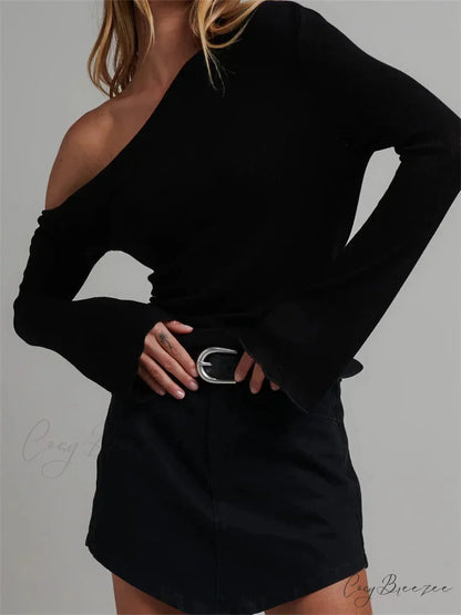 Knitted Long Flare Sleeve Solid Slim Fit T-shirts Off Shoulder T-shirts BLACK / S