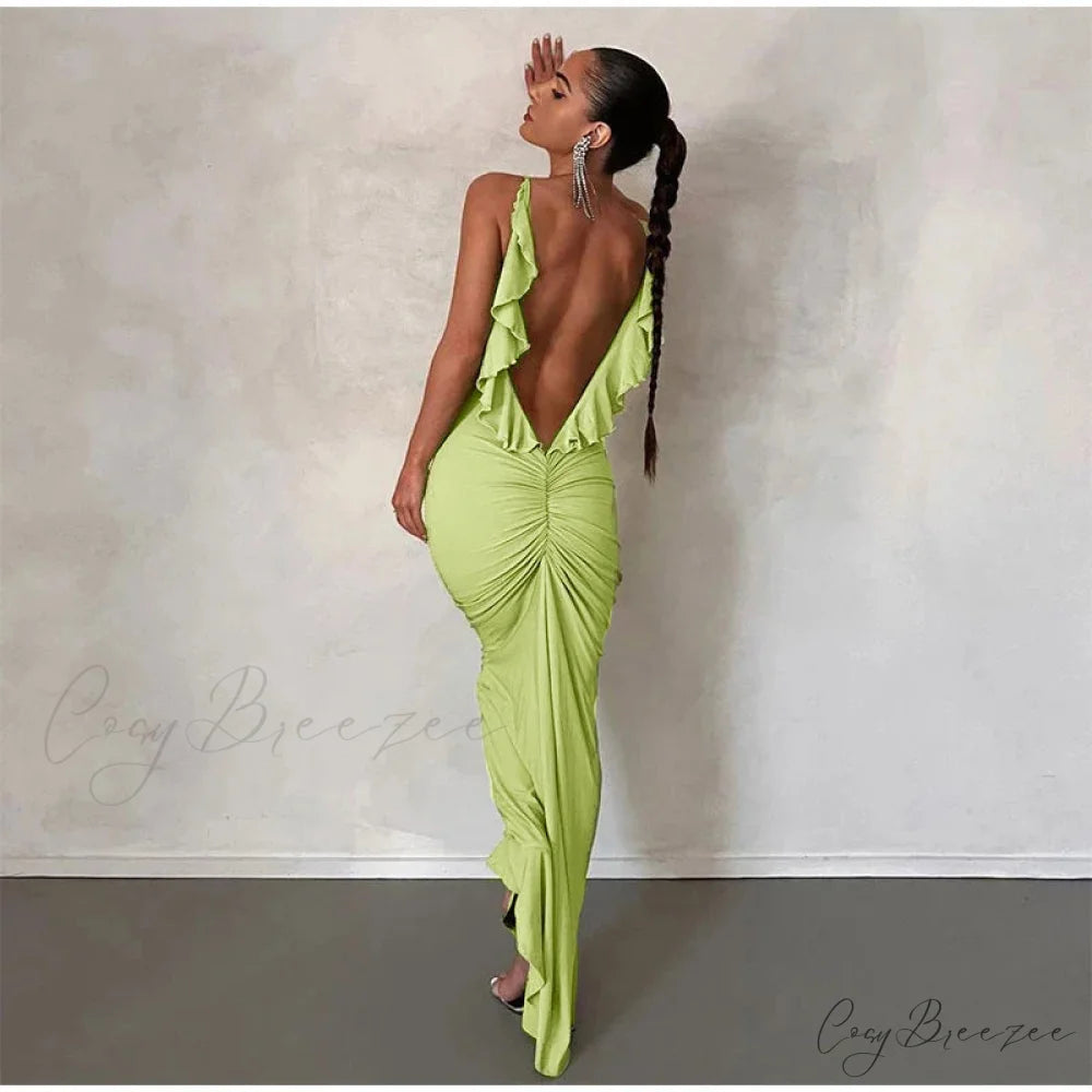 Knitted Open Back Maxi Dress GREEN / S
