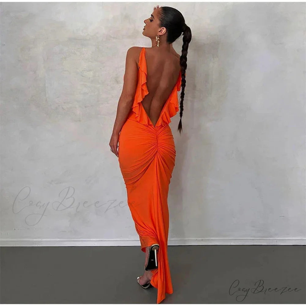 Knitted Open Back Maxi Dress ORANGE / S