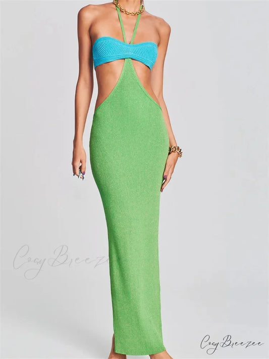 Knitted Patchwork for Women Halter Lace-up Backless Off Shoulder Hollow Out Summer Vestidos New Green / S