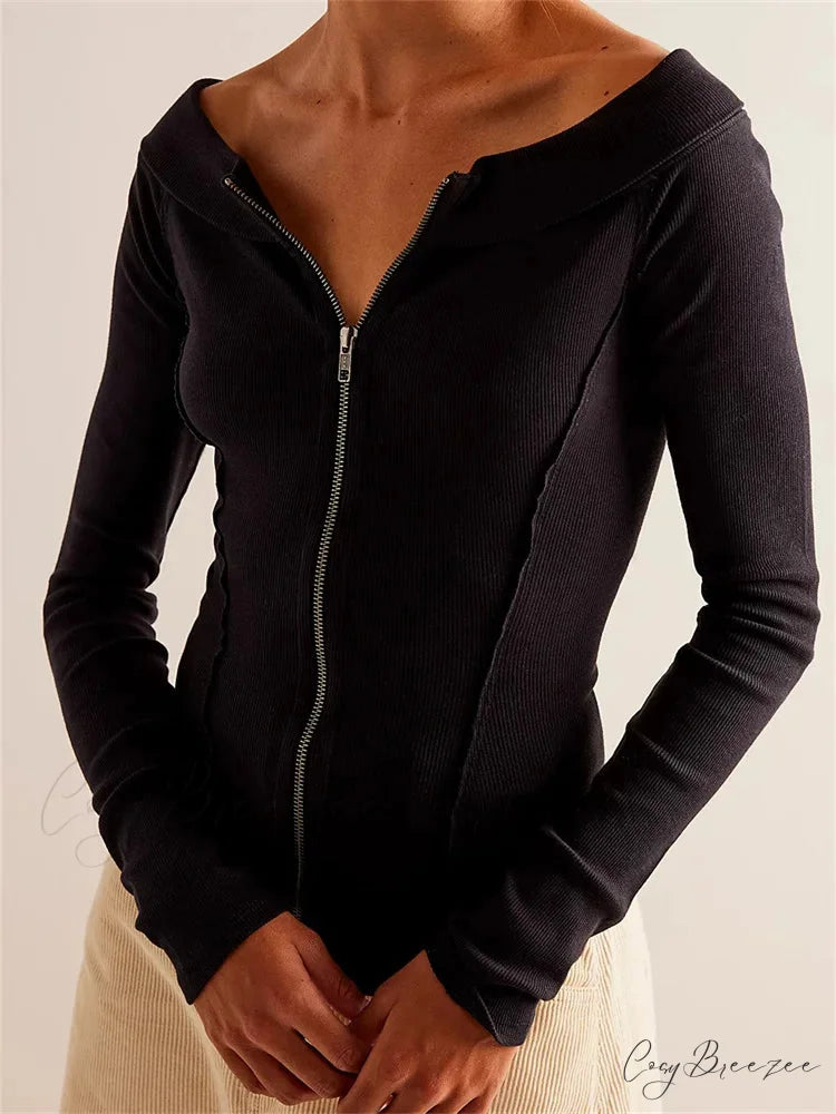 Knitted Patchwork Solid Color Long Sleeve Double Zip Up T-shirts