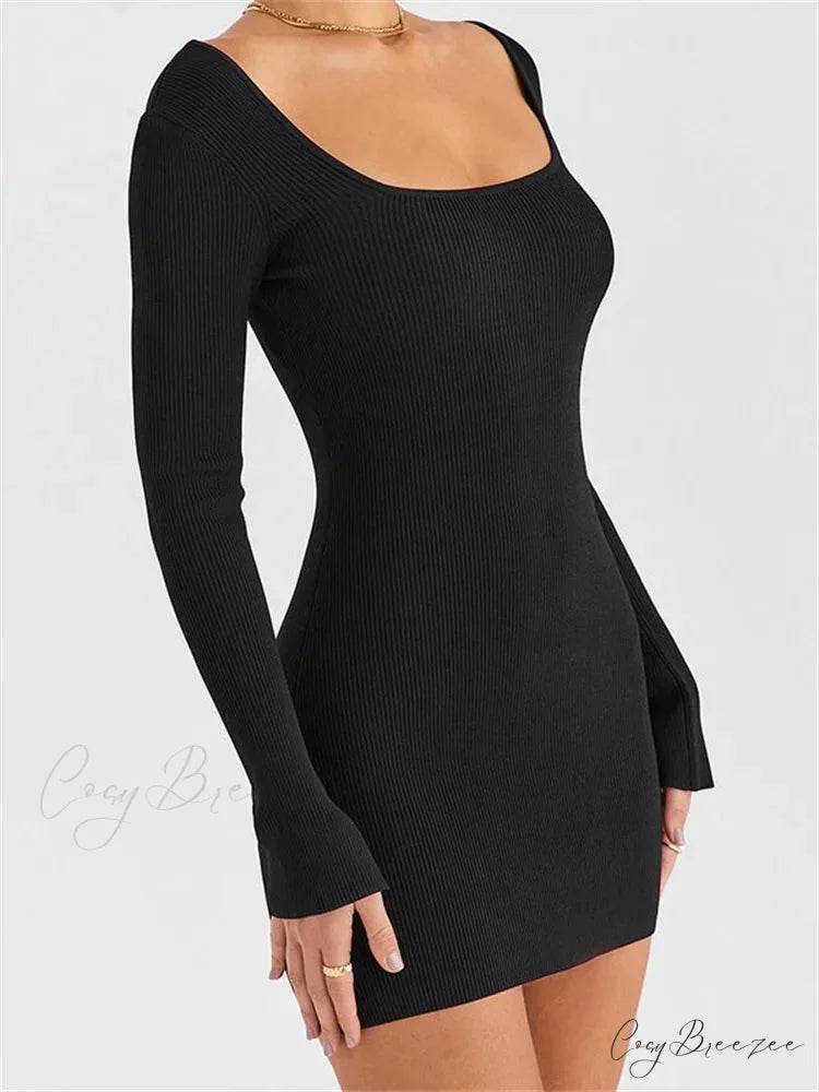 Knitted Ribbed Party Solid Long Sleeve Square Neck Mini Dress