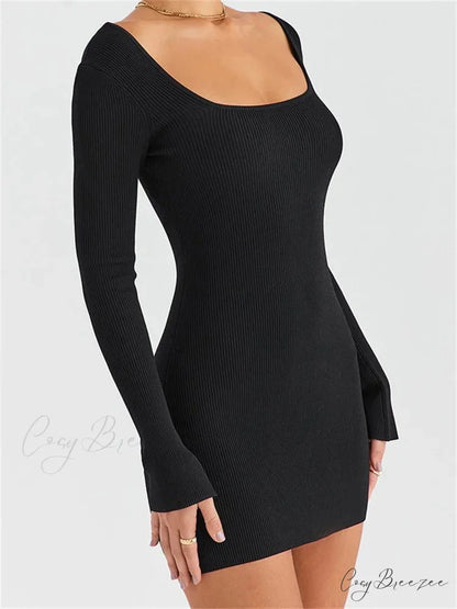 Knitted Ribbed Party Solid Long Sleeve Square Neck Mini Dress