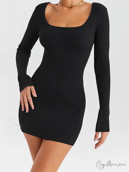 Knitted Ribbed Party Solid Long Sleeve Square Neck Mini Dress Black / S