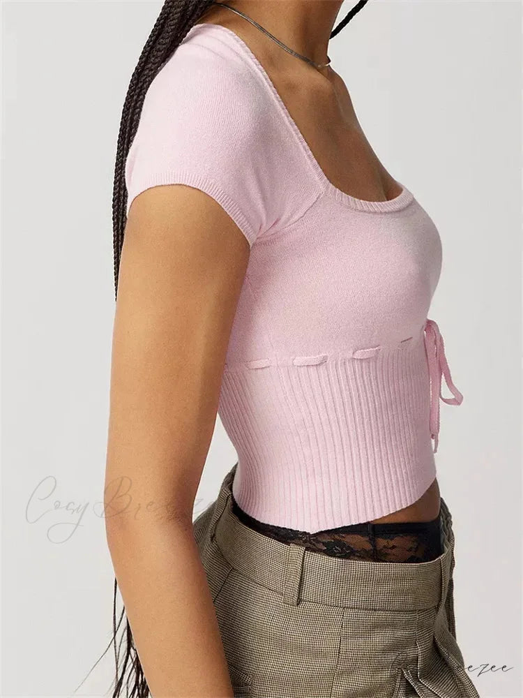 Knitted Ribbed Solid Color Short Sleeve Square Neck Drawstring T-shirts