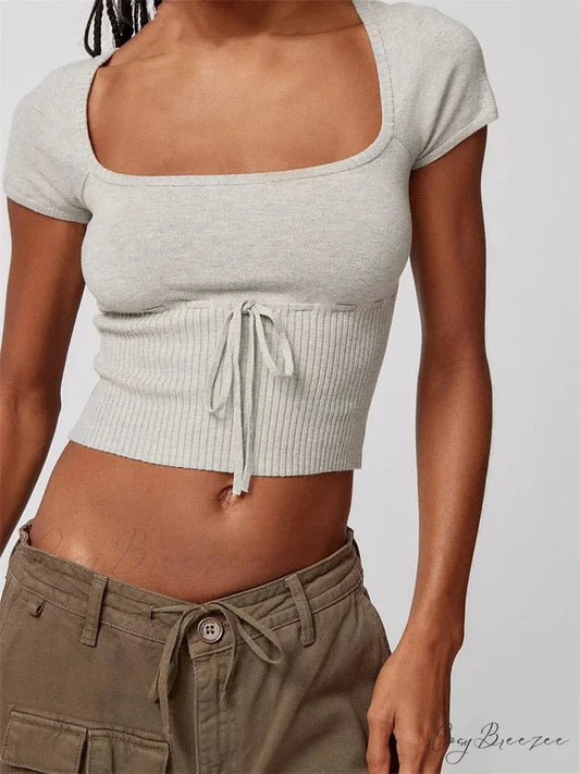 Knitted Ribbed Solid Color Short Sleeve Square Neck Drawstring T-shirts GREY / S