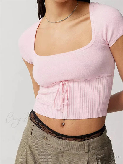 Knitted Ribbed Solid Color Short Sleeve Square Neck Drawstring T-shirts Pink / S