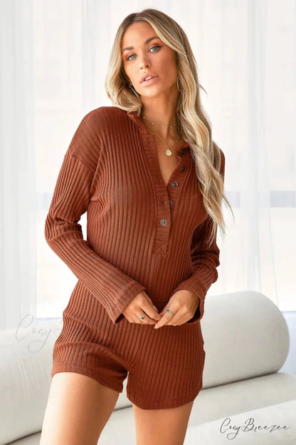 Knitted Rompers with Lapel Button-Front Light Brown / S