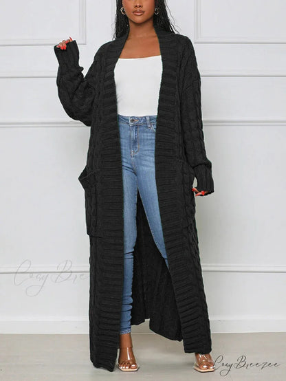 Knitted Solid Graceful Open Front Cardigan Black / S