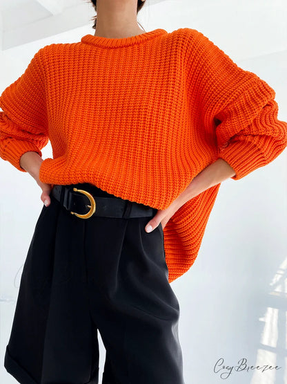 Knitted Solid Graceful Pocket Sweater Cardigan Orange / S