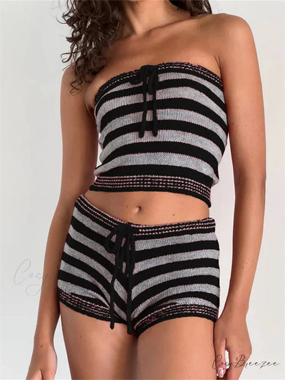 Knitted Striped Off Shoulder Tube Top with Drawstring Shorts Set BLACK / S twopiecesset-250126