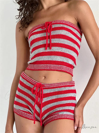 Knitted Striped Off Shoulder Tube Top with Drawstring Shorts Set RED / S twopiecesset-250126