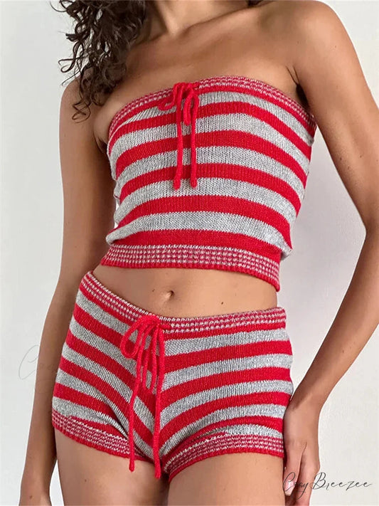Knitted Striped Off Shoulder Tube Top with Drawstring Shorts Set RED / S twopiecesset-250126