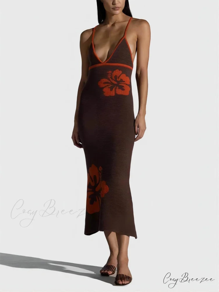 Knitted Suspender Halterneck V-Neck Graceful Backless Sexy Midi Dress