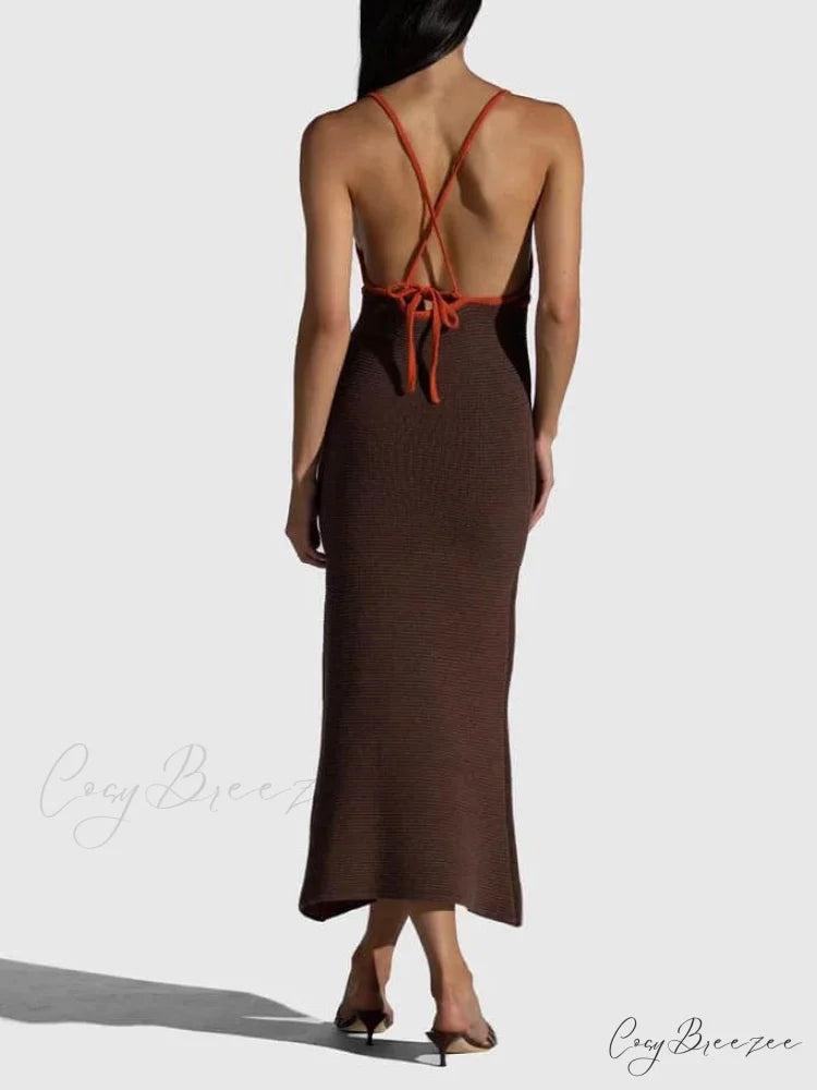 Knitted Suspender Halterneck V-Neck Graceful Backless Sexy Midi Dress