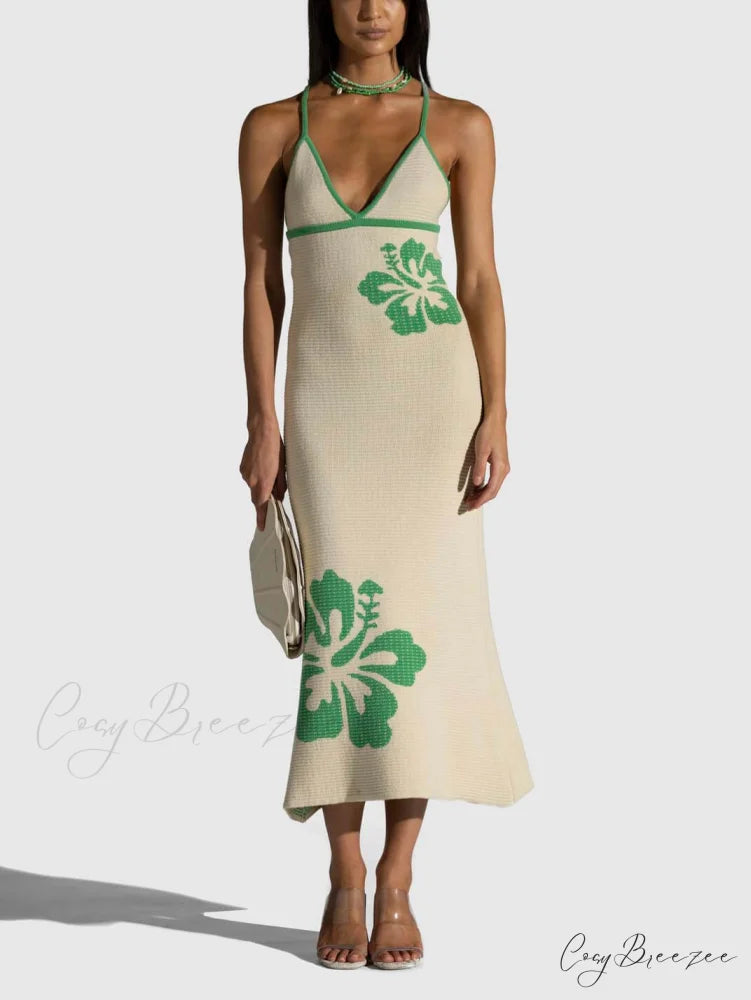 Knitted Suspender Halterneck V-Neck Graceful Backless Sexy Midi Dress