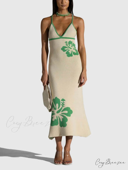 Knitted Suspender Halterneck V-Neck Graceful Backless Sexy Midi Dress