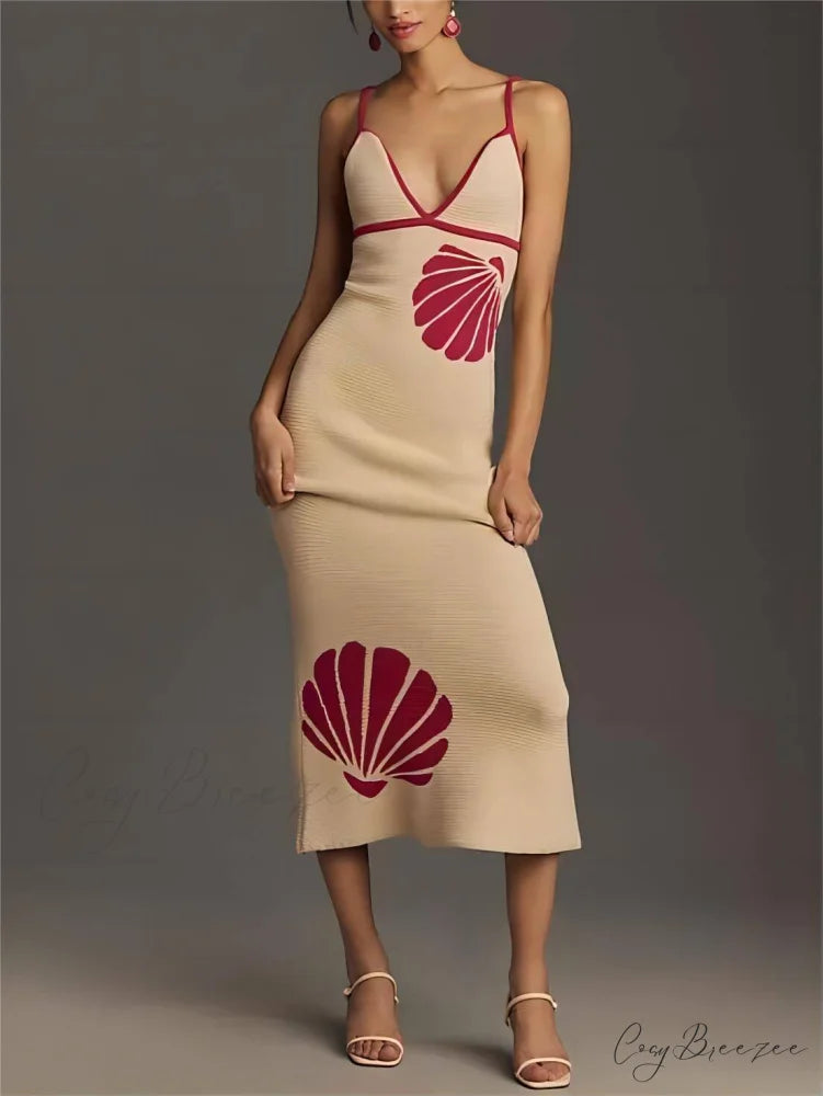Knitted Suspender Halterneck V-Neck Graceful Backless Sexy Midi Dress Apricot / S