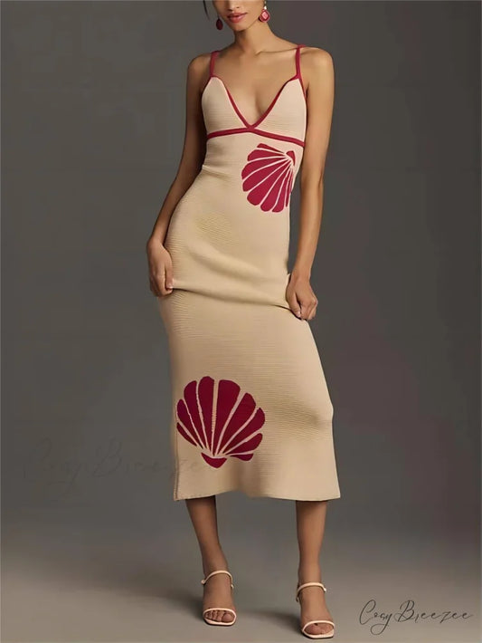 Knitted Suspender Halterneck V-Neck Graceful Backless Sexy Midi Dress Apricot / S