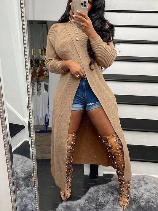 Knitted Tassels Graceful Ripped Long Cardigan Khaki / M