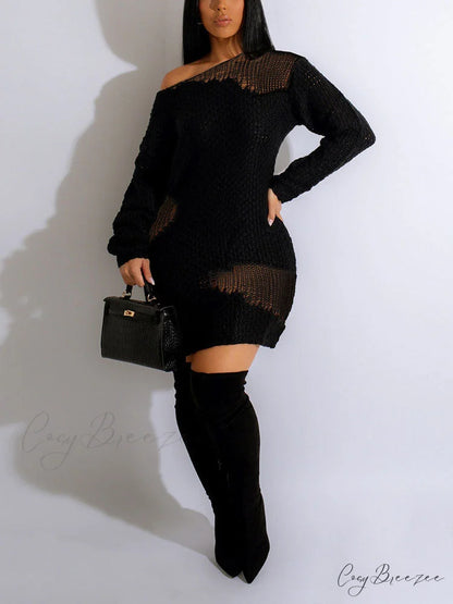 Knitted V Neck Trendy Long Sleeve Mini Dress