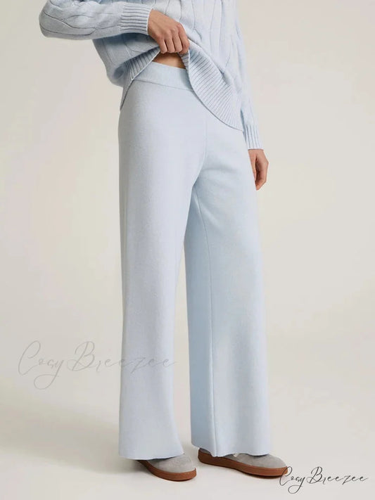 Knitted Winter High Waist Warm Straight Solid Light Blue Basic Wide Leg Pants Light Blue / One Size