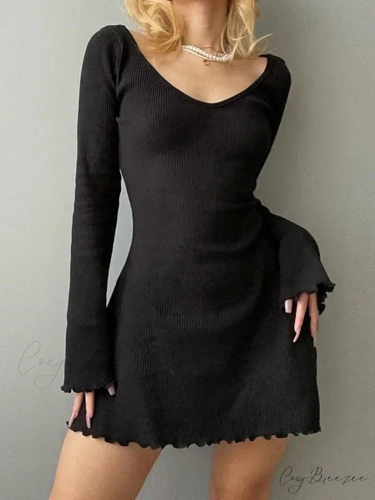 Knitting V Neck Hem Elegant Mini Dress Black / S
