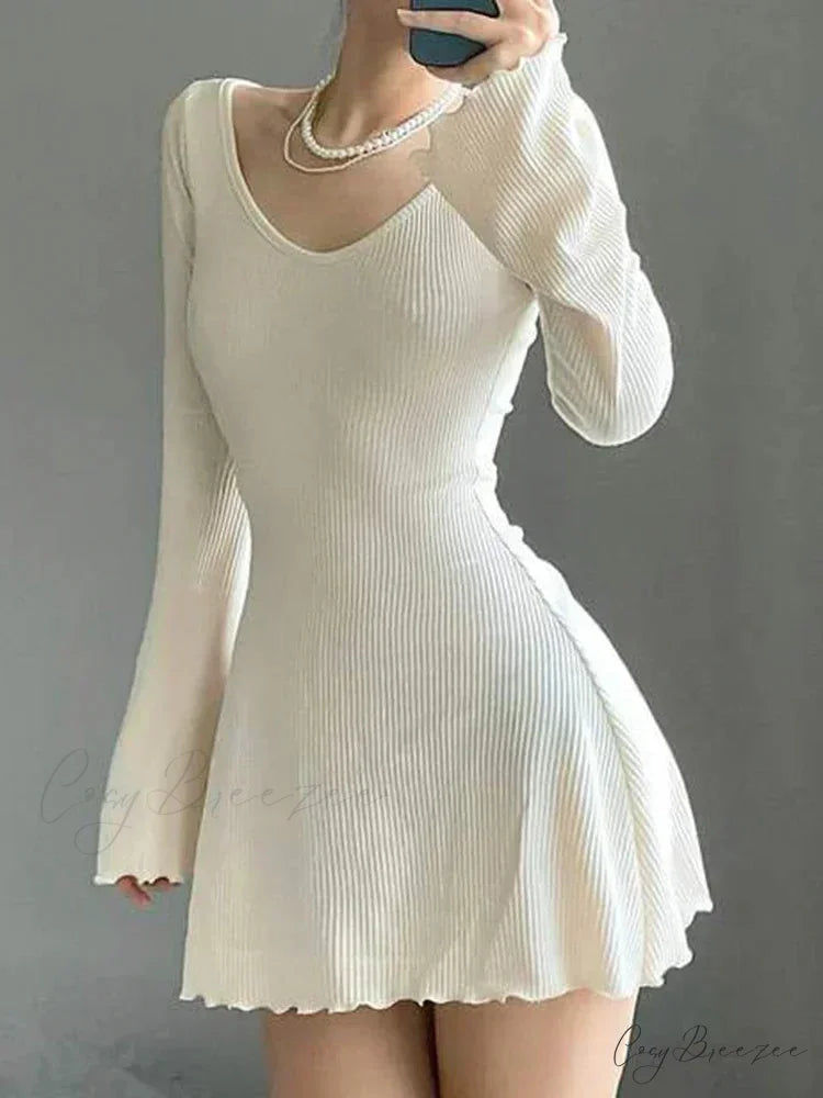 Knitting V Neck Hem Elegant Mini Dress WHITE / S