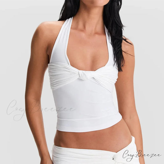 Knot Front Halter Crop Top WHITE / S croptop-250223
