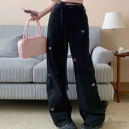 Korean Butterfly Embroidered Pants Black / S pants-241228