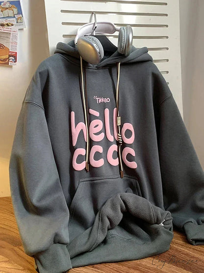Korean Fashion Letter Printed Fleece Hoodie Dark Grey / M(40-50KG) hoodies-241228