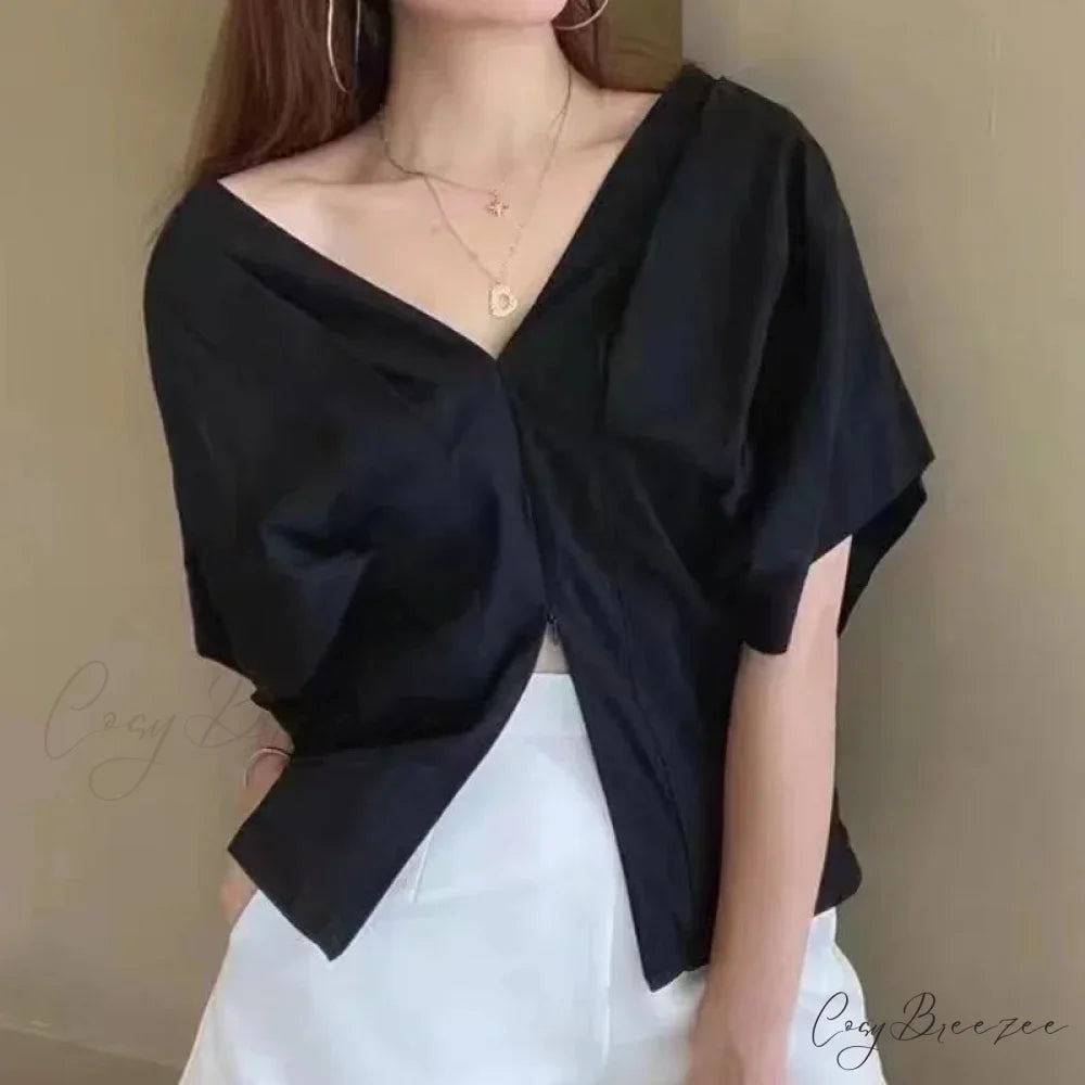 Korean Frilled V-neck Short Sleeve Relaxed Blouse blouse-250126