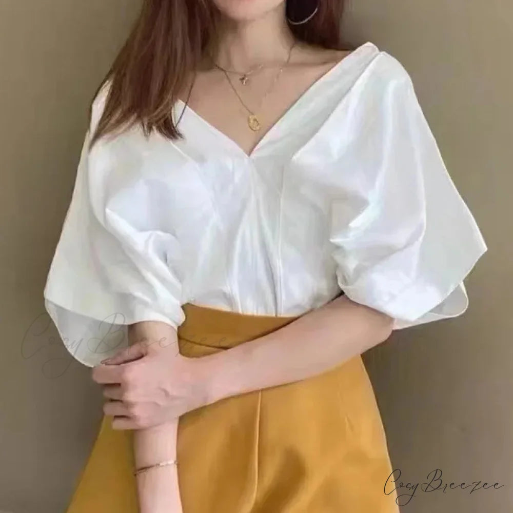 Korean Frilled V-neck Short Sleeve Relaxed Blouse blouse-250126