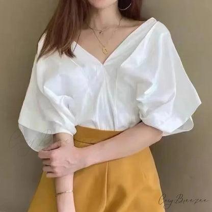 Korean Frilled V-neck Short Sleeve Relaxed Blouse blouse-250126
