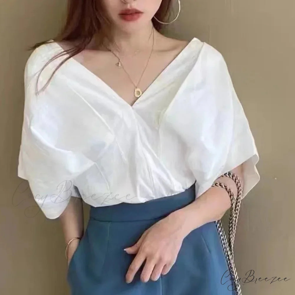 Korean Frilled V-neck Short Sleeve Relaxed Blouse blouse-250126