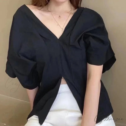 Korean Frilled V-neck Short Sleeve Relaxed Blouse Black / One Size blouse-250126