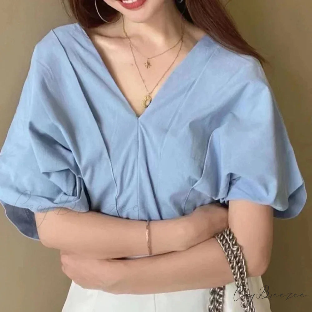 Korean Frilled V-neck Short Sleeve Relaxed Blouse Blue / One Size blouse-250126