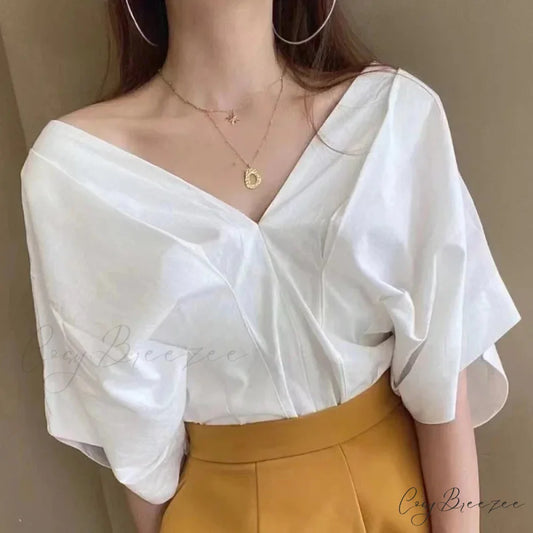 Korean Frilled V-neck Short Sleeve Relaxed Blouse WHITE / One Size blouse-250126