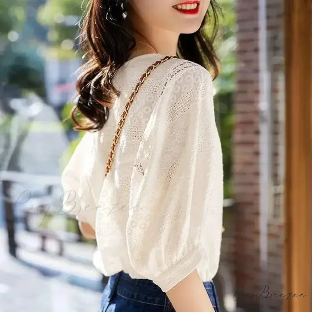 Korean Lantern Sleeve Embroidered Cotton Lace Crop Top blouse-250126