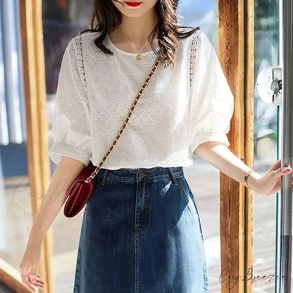 Korean Lantern Sleeve Embroidered Cotton Lace Crop Top blouse-250126