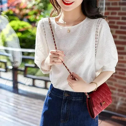 Korean Lantern Sleeve Embroidered Cotton Lace Crop Top blouse-250126