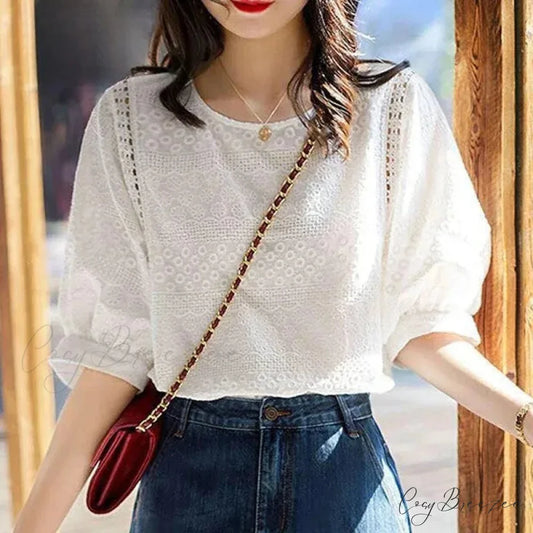 Korean Lantern Sleeve Embroidered Cotton Lace Crop Top WHITE / S blouse-250126