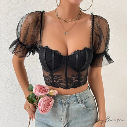 Korean Mesh Sheer Puff Sleeve Lace Crop Top Black / S croptop-250126